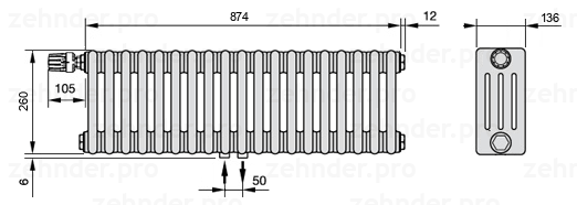 Схема (чертеж) Радиатор Zehnder Charleston 4026/19 №V007 Белый глянцевый RAL 9016
